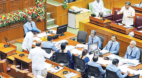 Jagadish Shettar and T B Jayachandra engage in a face-off at Suvarna Vidhana Soudha, in Belagavi on Friday | Express