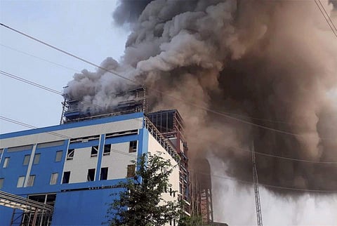 Smoke billowing from the NTPC plant after one of its steam pipes burst, causing an explosion which has left at least 29 dead. (PTI Photo)