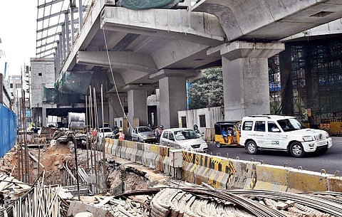 Metro construction works under process at Jubilee Hills in Hyderabad on Tuesday | R.Satish Babu