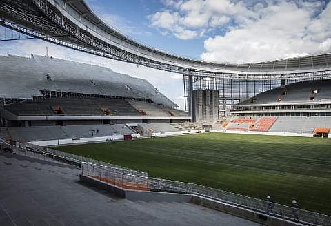 A photo taken on August 19, 2017 shows the Yekaterinburg Arena football stadium under renovation work in Yekaterinburg. | AFP