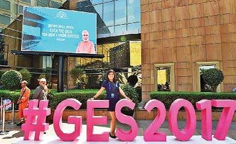 A delegate poses for a photo at the venue of the Global Entrepreneurship Summit 2017 in Hyderabad on Tuesday | pti
