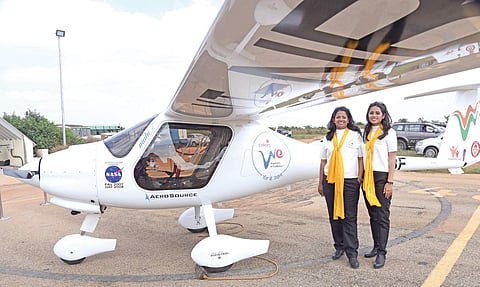 Captain Audrey Deepika Maben and her daughter Amy Maben with their microflight ‘Mahi’, a craft which costs around `2.5 crore Vinod Kumar T