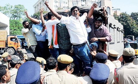 Police take BJP members into preventive custody for staging a protest in front of the Telengana Assembly in Hyderabad on Tuesday | Sayantan Ghosh