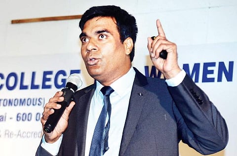 Kiruba Shankar, CEO of Business Blogging, speaking during the inauguration of the two-day entrepreneurship summit, Ignite 2017, at MOP Vaishnav College | D SAMPATH KUMAR