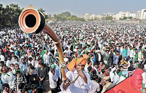 A large number of Adivasis gather at Saroornagar stadium, in Hyderbad on Saturday to oppose ST status to Lambadas | Express Photo