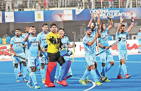India players rejoice after beating Belgium in the Hockey World League Final quarterfinals| shamim QURESHY