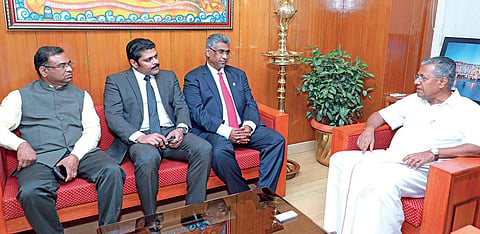 (From left) Jayaprakash A, Advisor to Consul of Sri Lanka to Kerala, Joemon Joseph, Consul of Sri Lanka to Kerala, and Faiszer Musthapha, Minister of Provincial Councils and Local Government, Govt of Sri Lanka, meeting Chief Minister Pinarayi Vijayan