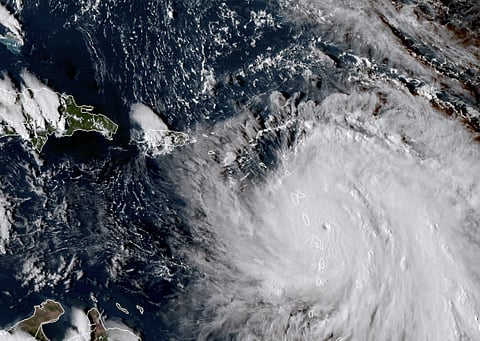This Sept. 18, 2017, GOES East satellite image provided by NASA shows the eye of Hurricane Maria as it nears Dominica. (Photo | AP)