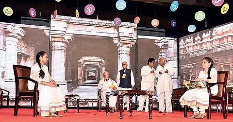 SV Sirisha and K Sirisha perform the age-old literary art called Nethravadhanam, at World Telugu Conference held on Sunday at Ravindra Bharathi, Hyderabad | Express