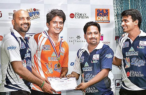 Jeevan (2nd from left) of Loyyal Battery BYA was awarded the Man of the Match during the Ensol-Elite Super Sixes cricket tournament | D SAMPATHKUMAR
