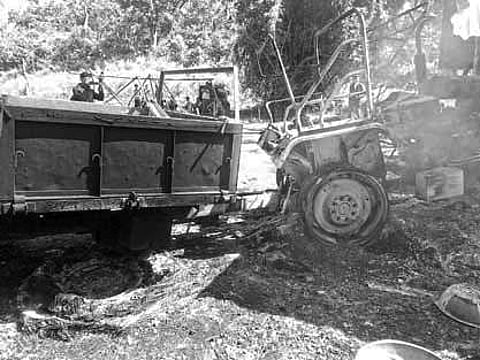 One of the vehicles torched by Maoists at Nilapadri village under Chitrakonda block | Express