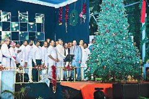 Chief Minister N Chandrababu Naidu taking part in Christmas celebrations at Lutheran English Medium School in Guntur on Saturday | Express