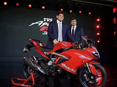 Re-appointed Joint Managing Director TVS Motor Company Sudarshan Venu along with company President and Chief Executive Officer KN Radhakrishnan (File | PTI)