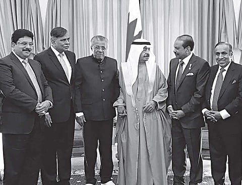 Chief Minister Pinarayi Vijayan with Bahrain Prime Minister Prince Khalifa bin Salman Al Khalifa during his visit to the West Asian country on Thursday; Kerala industrialists M A Yusuff Ali and Ravi Pillai also seen