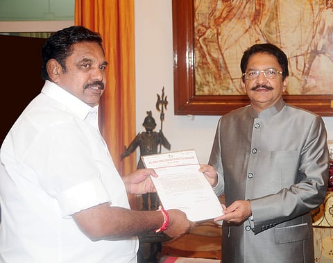 Edappadi Palanisamy nominated by Sasikala meets Governor and stakes his claim to form the Government. (EPS)