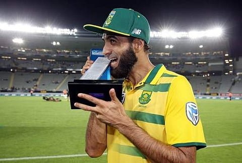 Imran Tahir of South Africa celebrates the team's victory after the Twenty20 international cricket match between New Zealand and South Africa at Eden Park in Auckland on February 17, 2017. | AFP