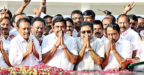 Chief Minister ‘Edappadi’ K Palanisamy, AIADMK deputy general secretary TTV Dinakaran and other leaders at Anna memorial in the city on Saturday | romani agarwal