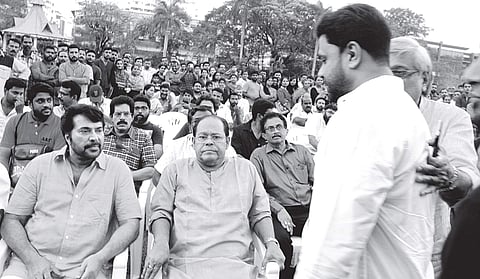 Director Kamal welcomes actor Dileep to the gathering of the film fraternity at Durbar Hall Ground in Kochi on Sunday in protest against the incident in which a popular actor was assaulted | Melton Antony