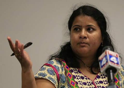 Sunayana Dumala talks about her late husband, Srinivas Kuchibhotla, during a news conference at Garmin Headquarters in Olathe. (Photo | AP)