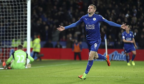 Leicester City's Jamie Vardy, left, celebrates scoring his side's third goal goal during the English Premier League soccer match between Leicester and Liverpool, at the King Power Stadium, in Leicester, England, Monday Feb. 27, 2017. | AP