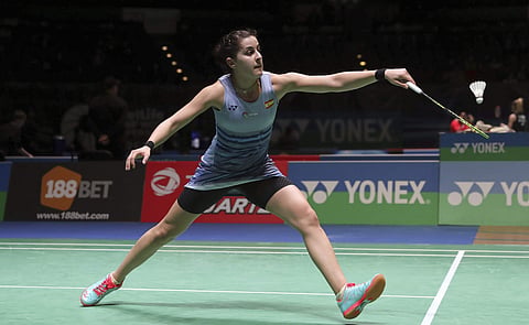 Spain's Carolina Marin in action during the Women's singles match during day two of the All England Open Badminton Championships in Birmingham, England, Wednesday March 8, 2017. | AP