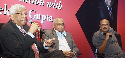 (File Photo | EPS/Martin Louis) Deepak S Parekh, left, in conversation with Shekhar Gupta, right, during the K S Narayanan Oration in Chennai on Monday. Sanmar chairman N Sankar is at center.