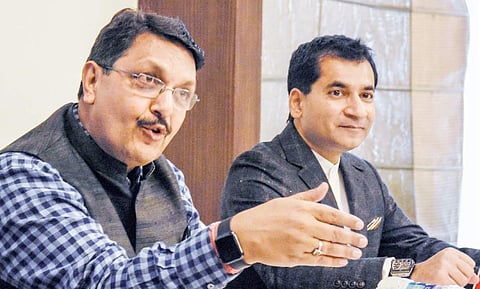 National Institute of Design director Pradhyumna Vyas (left) and NID Governing Council chairman Udayant Malhotra addressing the media in Vijayawada on Friday | Express