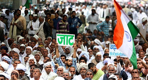 Jat community members during their agitation for reservation in Jantar Mantar in New Delhi on Thursday. The NH24, Delhi-Agra highway, NH-1, CP, ITO are currently having slow moving traffic. (EPS | Shekhar Yadav)