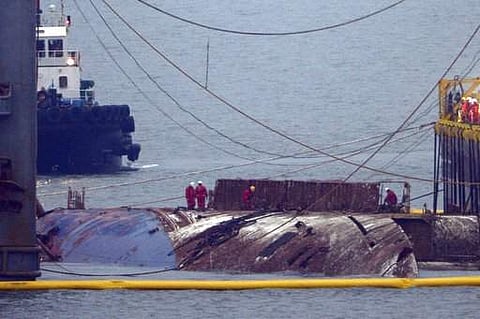 A part of the sunken Sewol ferry is seen in waters off Jindo, South Korea.(Photo | AP)