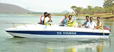 Tourism minister Azmeera Chandulal inaugurating Eco tourism resort at Pakhal lake in Warangal on Sunday | Express photo