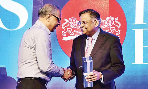 The New Indian Express CMD Manoj Kumar Sonthalia greets TATA Sons Chairman Natarajan Chandrasekaran at the ThinkEdu Conclave in Chennai on Friday | P Jawahar