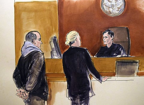 In this courtroom drawing, Elvis Redzepagic, left, appears before Magistrate Judge Robert Levy, right, Saturday, March 4, 2017 in New York, during his arraignment on charges that he attempted to provide material support to a foreign terrorist organization