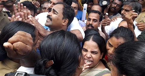 File photo of Jishnu Prannoy's mother Mahija, protesting, along with other family members in front of the state police headquarters in Thiruvannathapuraam. (Kaviyoor Santhosh | EPS)