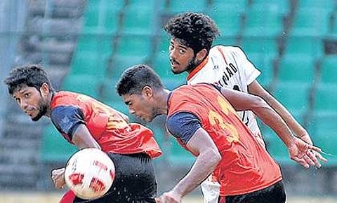 Action from the match between Chennai City FC and Hindustan Eagles. There were three red cards shown as the game ended 3-3 | D SAMPATHKUMAr