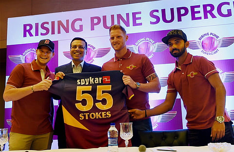 Rising Pune Supergiant RPS owner Sanjeev Goenka with new captain Steve Smith and players Ben Stokes and Ajinkya Rahane unveils the team jersey for IPL season 10 in New Delhi on Thursday. | PTI