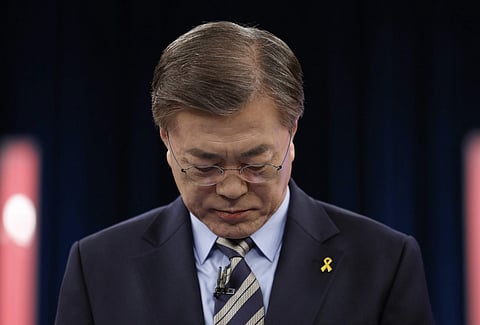 South Korean presidential candidate Moon Jae-in of the Democratic Party of Korea attends a televised debate for the upcoming May 9 presidential election with other candidates in Seoul Sunday, April 23, 2017. (Photo | AP)