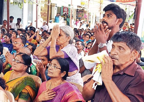 Devotees offering prayers during Sri Rama Navami in Vijayawada on Wednesday | Express