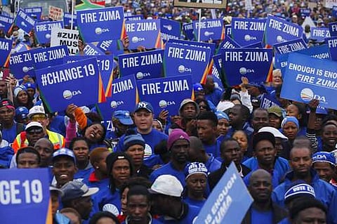 Members of the main opposition Democratic Alliance party in Johannesburg on Friday as thousands of South Africans demonstrated in major cities against President Jacob Zuma. (Photo | AP)