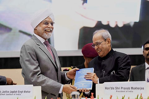 President Pranab Mukherjee with Chief Justice of India JS Khehar during the inauguration of All India Seminar being organized by the Confederation of Indian Bar at Vigyan Bhavan in New Delhi on Saturday. | PTI