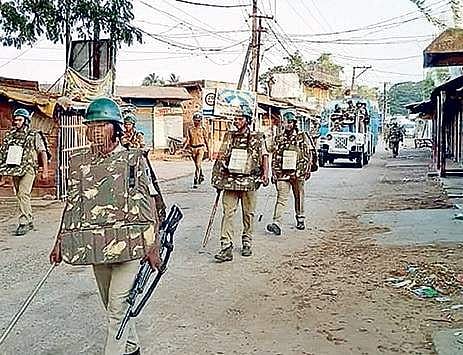 Police patrolling an area in Bhadrak on Saturday | Express