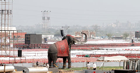 A giant figure of an elephant towers over the venue of the World Cultural Festival being organised by the Art of Living Foundation in New Delhi on the banks of the Yamuna. I Express Photo