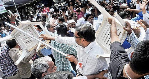 Dharna Chowk near Indira Park in Hyderabad on Monday turns a battleground with Left Party activists and ‘locals’ fighting a pitched battle| Sayantan Ghosh