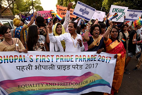 Participant's numbering around 200 from across India paraded with pride, demanding a special welfare board for Transgender/ sexual minorities and decriminalisation of section 377 at Bhopal on Wednesday. (Photo credit: Praveen Bajpai)