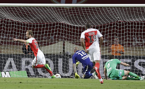 Monaco's French forward Valere Germain celebrates his goal during the League One soccer match Monaco against Saint Etienne, at the Louis II stadium in Monaco, Wednesday, May 17, 2017. | AP