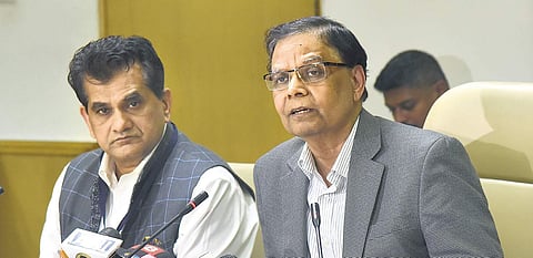 Niti Aayog V-C Dr Arvind Panagariya, with CEO Amitabh Kant, briefing the media after the 3rd Governing Council Meeting