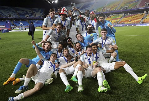 England players celebrate after defeating Venezuela 1-0 to win the final of the FIFA U-20 World Cup Korea 2017 at Suwon World Cup Stadium in Suwon, South Korea, Sunday, June 11, 2017. | AP
