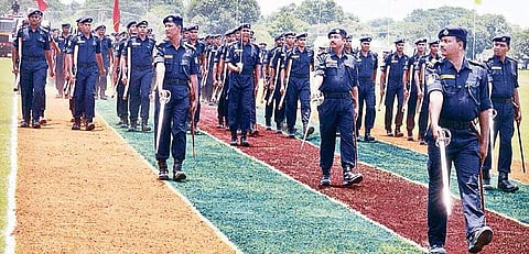 Personnel of the newly established Odisha Swift Action Force during guard of honour at 7th Battalion Ground in Bhubaneswar on Friday | Express
