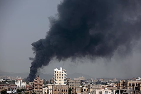 (File image for representation) Smoke rises after airstrikes hit a food factory in Sanaa, Yemen. (File Photo | AP)