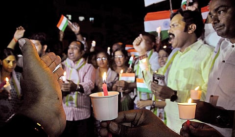 Telangana Jagruthi holding a candle light march against the terror attack at Amarnath yatra at Necklace road in Hyderabad on Tuesday | sayantan ghosh