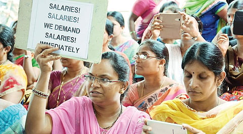 Model school teachers take part in a protest at Dharna Chowk in Vijayawada on Thursday | p ravindra babu